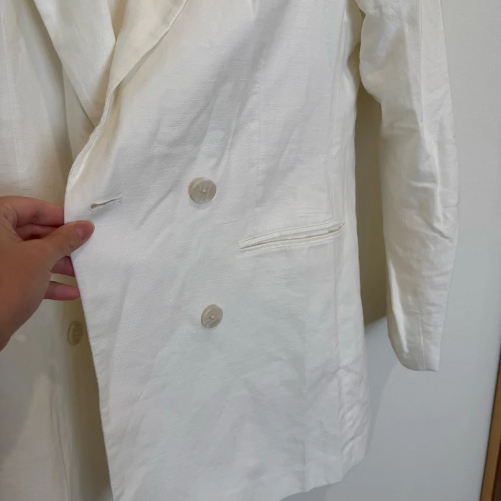 GAP Linen Blend White Double-Breasted Tie Waist Blazer - Picture 4 of 11